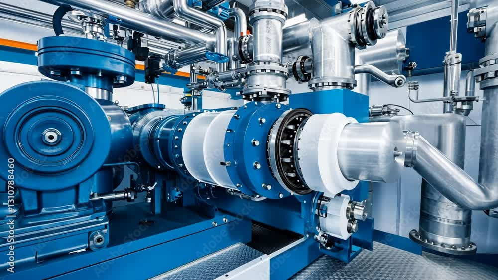 Industrial machinery with advanced piping and pump system in manufacturing facility Industrial machinery with advanced piping and pump system in manufacturing facility