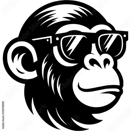Tattoo of macaque in summer glasses head in monochrome. Carefree monkey. Engraving minimalistic vector in black ink drawing on transparent background