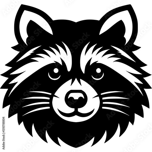 Tattoo of curious raccoon face close up front view in monochrome. Engraving minimalistic vector in black ink drawing on transparent background