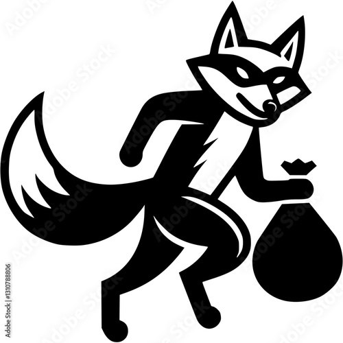 Tattoo of fox thief in robber mask runs away with bag of stolen loot in monochrome. Engraving minimalistic vector in black ink drawing on transparent background