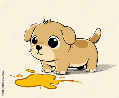 Guilty cartoon puppy with puddle of pee
