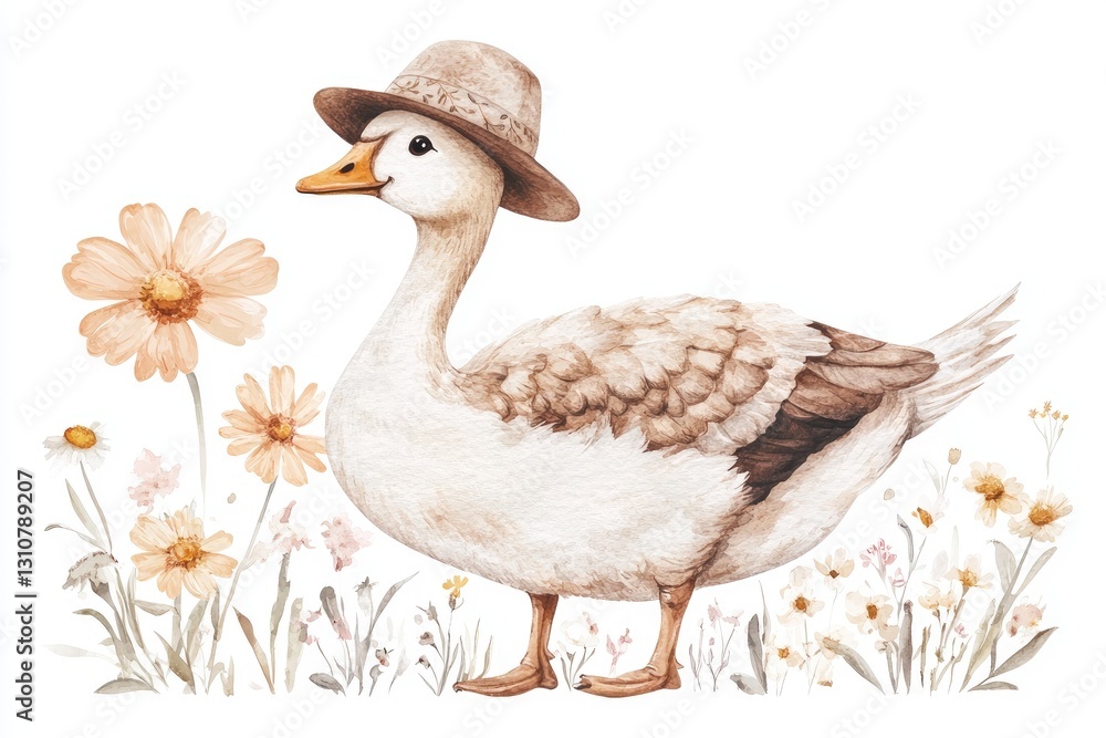 A charming goose wears a hat near delicate flowers gracefully A charming goose wears a hat near delicate flowers gracefully