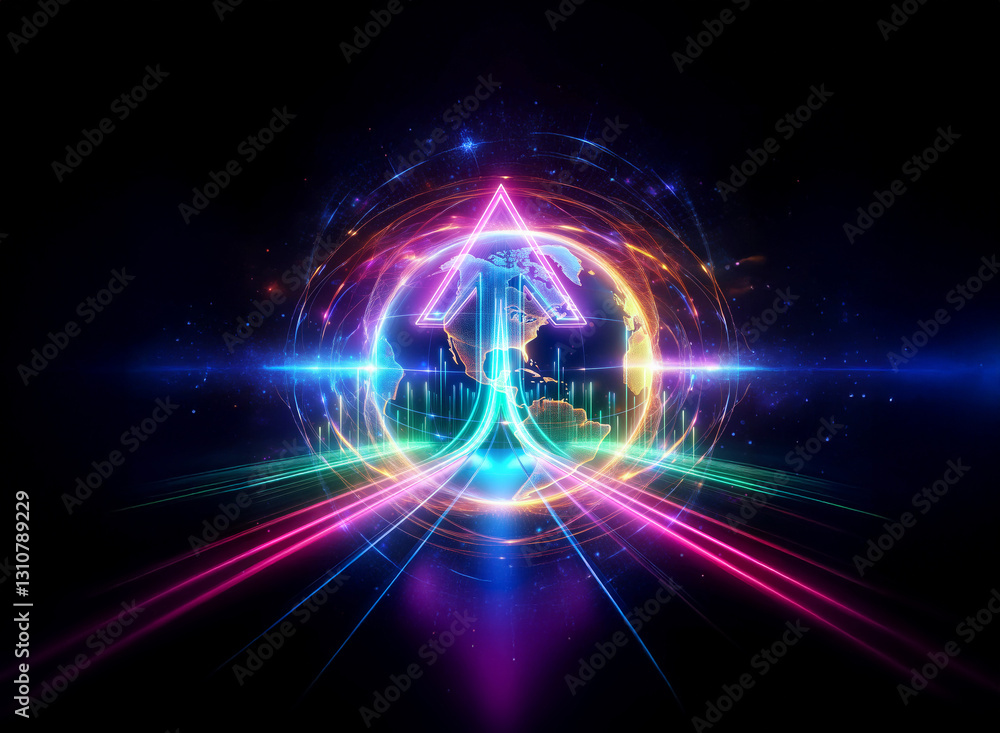 Fototapeta premium Vibrant double exposure art blends a cityscape silhouette with abstract neon lights. Geometric shapes and glowing circles create a futuristic and dynamic visual.