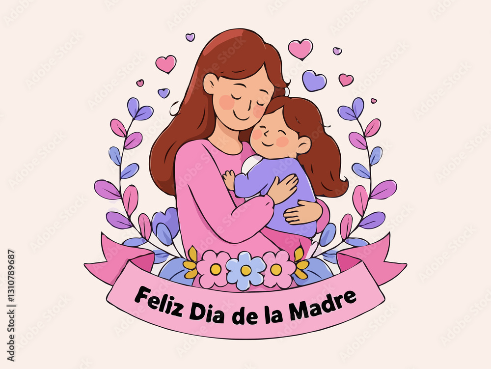 Obraz premium Cute Mother's Day Cartoon Illustration with Mom Hugging Child, Delicate Floral Ornaments, and Soft Colors