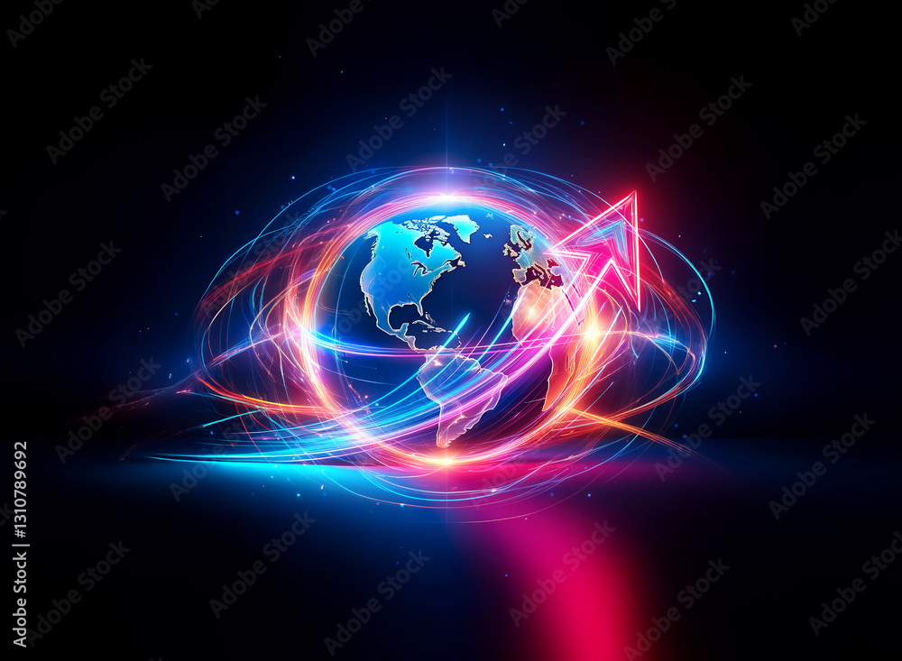 Glowing globe and arrow create a double exposure effect. Light trails swirl around Earth, pointing upwards in a dynamic, abstract design. Glowing globe and arrow create a double exposure effect. Light trails swirl around Earth, pointing upwards in a dynamic, abstract design.