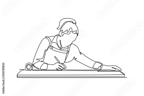Continuous one line drawing beauty woman carpenter taking measurement a wooden plank with ruler and pencil in workshop. Female worker at woodshop. Single line draw design vector graphic illustration