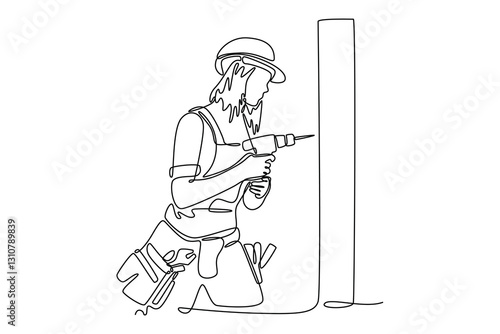 Continuous one line drawing of female carpenter with electric screwdriver home improvement and repair. Woman worker using tools building with drill. Single line draw design vector graphic illustration