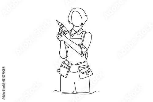 Continuous one line drawing young active carpenter woman standing and holding a power drill in workshop. Home construction and renovation concept. Single line draw design vector graphic illustration