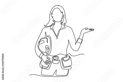 Single continuous line drawing young woman builder with hardhat in hand. Female construction worker working with heavy industrial tool in site. Dynamic one line draw graphic design vector illustration