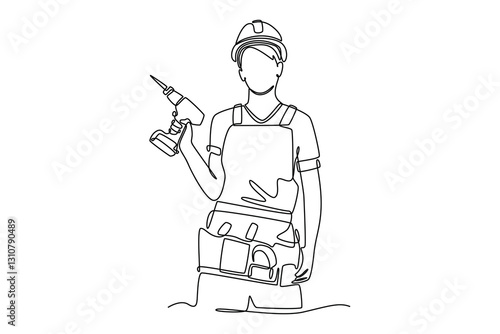 Single continuous line drawing attractive female construction worker holding electric drill confidently. Woman handyman wearing helmet and belt tools. One line draw graphic design vector illustration