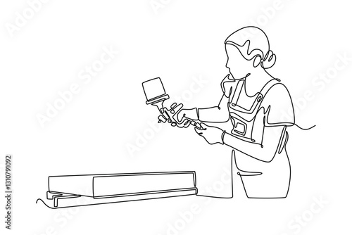 Single one line drawing attractive young carpenter woman painting a table with spray gun while working in woodshop. DIY wooden furniture. Modern continuous line draw design graphic vector illustration