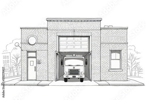 Line Art Fire Station with Firetruck Ready to Respond