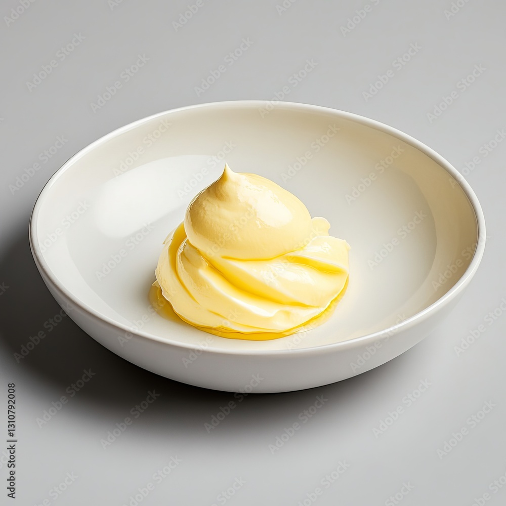 Creamy yellow butter swirls gracefully in a white bowl. Creamy yellow butter swirls gracefully in a white bowl.