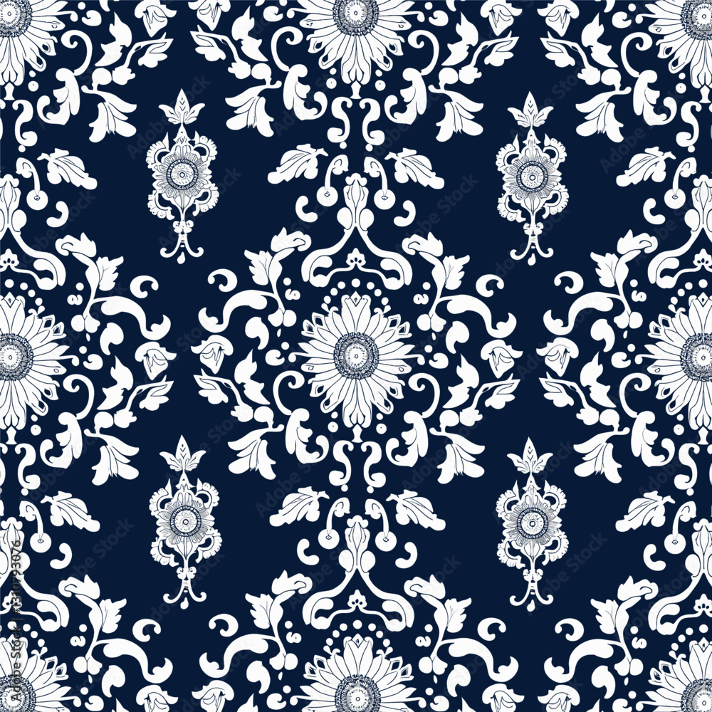 Navy and white vintage floral damask pattern