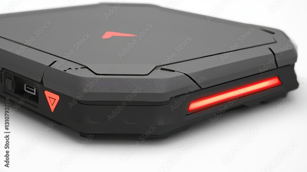 Gaming console lit up, angled view, white background Gaming console lit up, angled view, white background