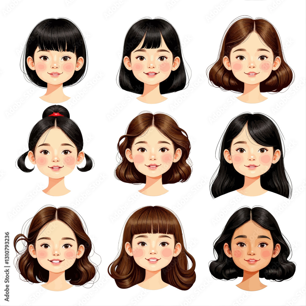 Nine young women with various hairstyles and hair colors Nine young women with various hairstyles and hair colors