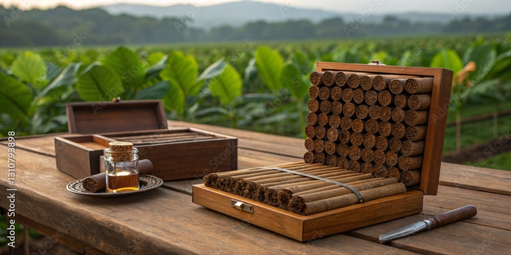 Cigars displayed on a rustic table amidst lush tobacco fields at golden hour