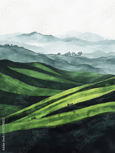 spring landscape with mountains and clouds