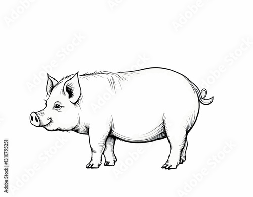 Pen and ink drawing of a happy piglet