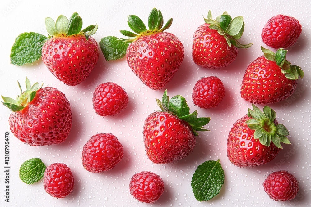 Fresh strawberries raspberries and mint leaves scattered on white background Fresh strawberries raspberries and mint leaves scattered on white background