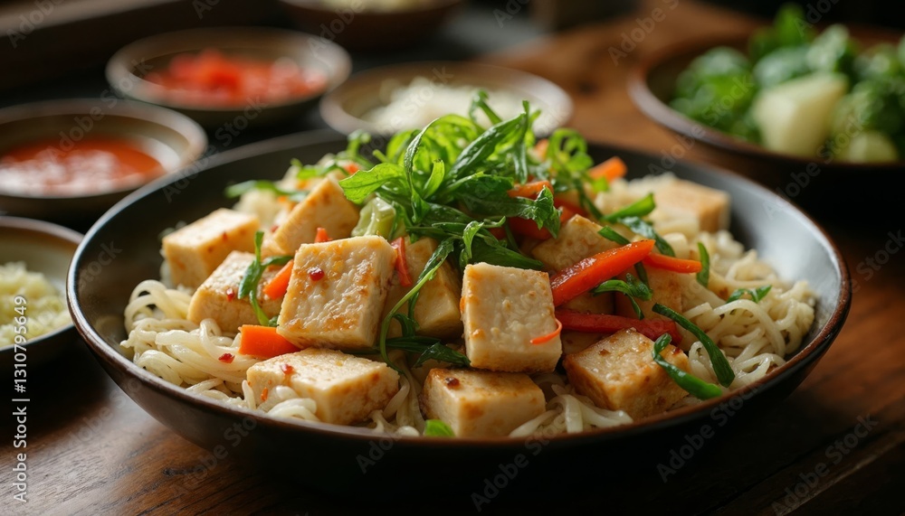 Delicious and visually appealing bowl of asian tofu noodles with vegetables Delicious and visually appealing bowl of asian tofu noodles with vegetables