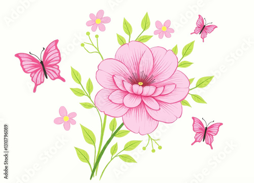 Wallpaper Mural Pink Flowers and Butterflies Illustration, White Background Torontodigital.ca