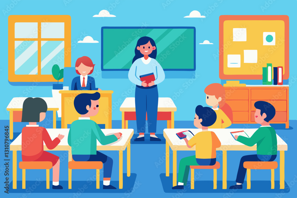 Vibrant Classroom Scene - Attentive Students Learning from Female Teacher at Chalkboard Vibrant Classroom Scene - Attentive Students Learning from Female Teacher at Chalkboard