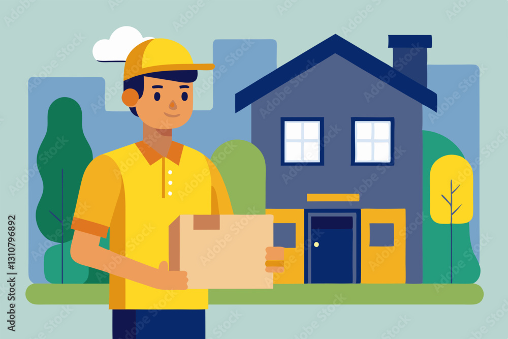 Delivery Worker at Customer’s Doorstep - Efficient Service with Package Delivery to a Suburban Home Delivery Worker at Customer’s Doorstep - Efficient Service with Package Delivery to a Suburban Home