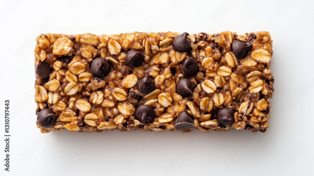 Obraz premium Delicious chocolate chip granola bar, perfect for a healthy snack. Ideal for websites, blogs, or food packaging showcasing healthy eating.