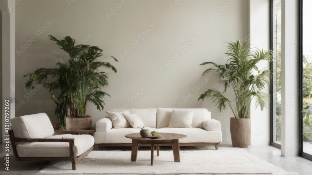 Minimalist Living Room with Large Window and Modern Design, White Sofa, Wooden Furniture, Neutral Colors, LightFilled Space Minimalist Living Room with Large Window and Modern Design, White Sofa, Wooden Furniture, Neutral Colors, LightFilled Space