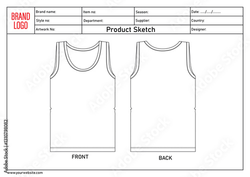Tank tops technical drawing template with tech pack details