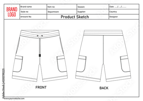 Shorts pant technical drawing template with tech pack details