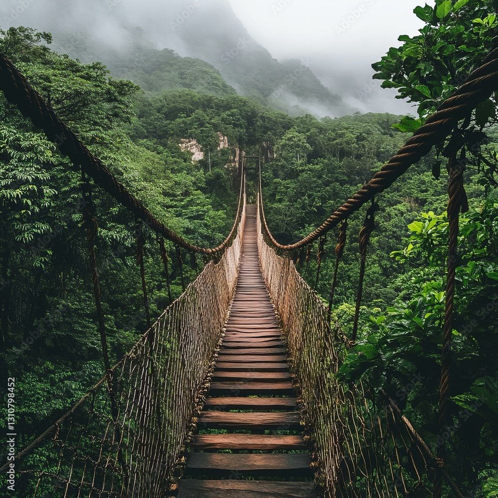 A majestic suspension bridge stretching across a lush green jungle surrounded by dense foliage A majestic suspension bridge stretching across a lush green jungle surrounded by dense foliage