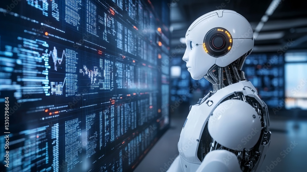 Futuristic Robot Analyzing Data on Digital Interface in Modern Setting Futuristic Robot Analyzing Data on Digital Interface in Modern Setting