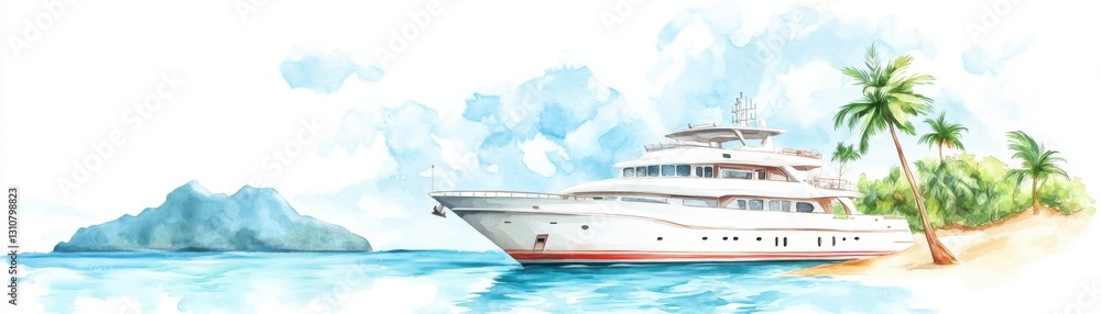 Naklejka premium A luxurious yacht anchored near a tropical beach, surrounded by palm trees and calm waters, evoking a serene vacation vibe.