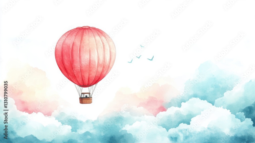 Fototapeta premium A vibrant red hot air balloon floats above soft clouds in a serene sky, evoking a sense of freedom and adventure.