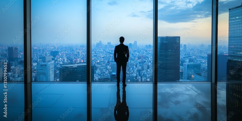Businessman in Suit Looking at Cityscape from Modern Office Window Businessman in Suit Looking at Cityscape from Modern Office Window