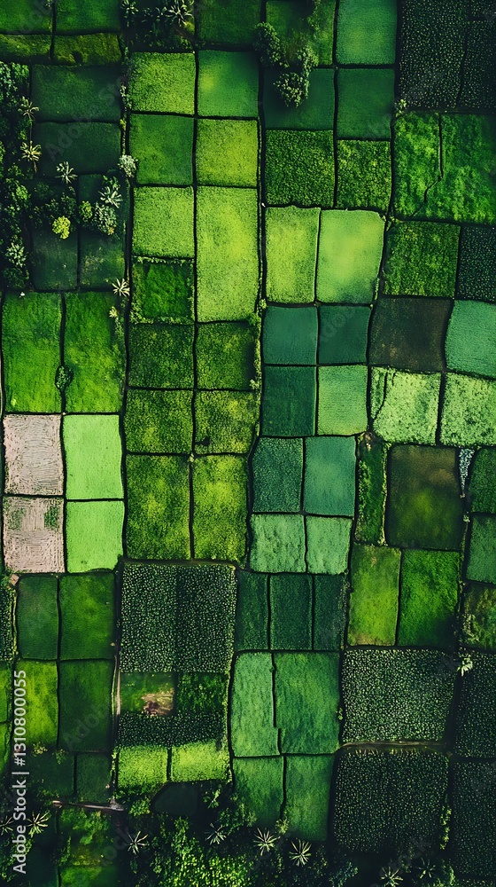 Aerial view of vibrant green rice paddies. Aerial view of vibrant green rice paddies.