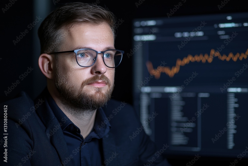 focused data analyst working on predictive analytics software with graph displayed on computer screen focused data analyst working on predictive analytics software with graph displayed on computer screen