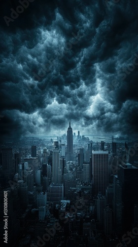 dark storm cloud looms over city skyline, creating dramatic and ominous atmosphere