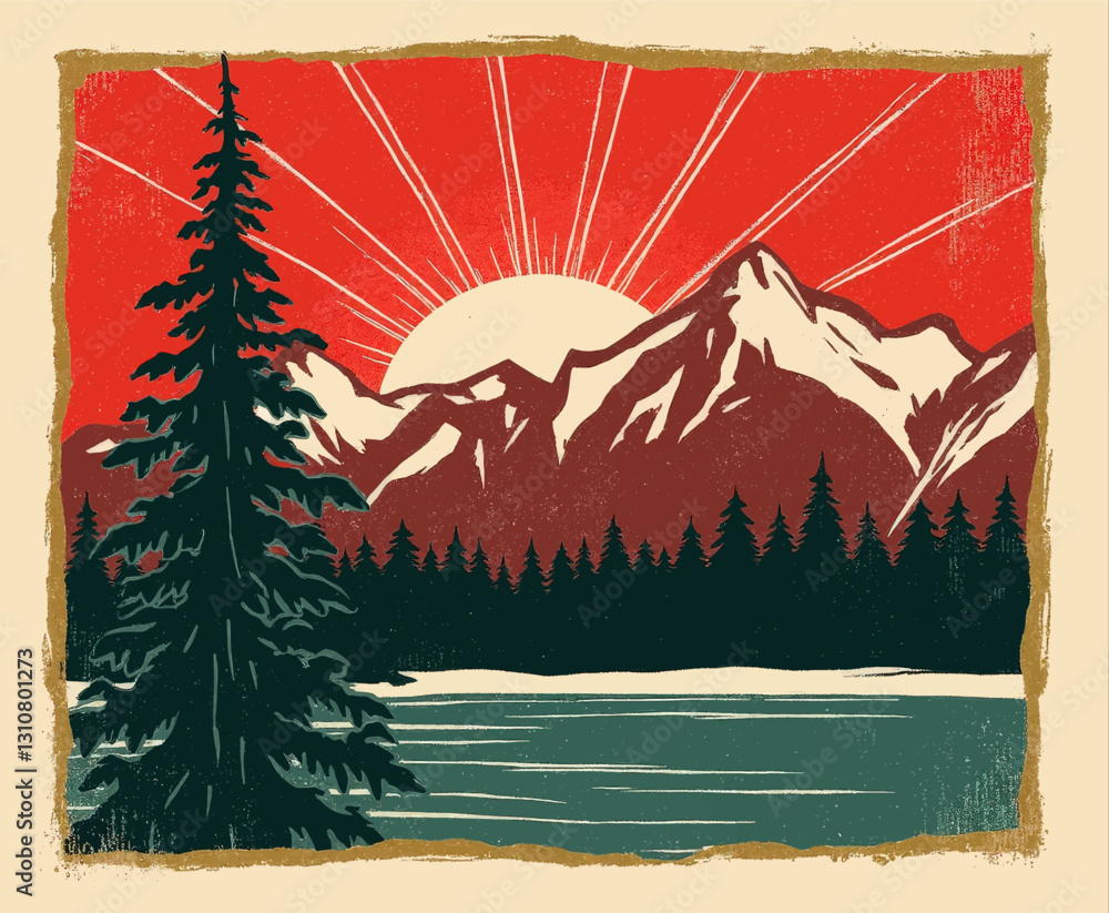Fototapeta premium Retro mountain vista with pine tree, lake, and sunrise