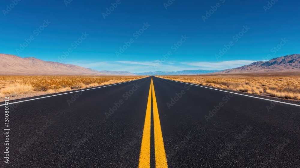 Naklejka premium A straight, empty road stretches into the horizon, framed by clear blue skies and arid landscapes on either side.