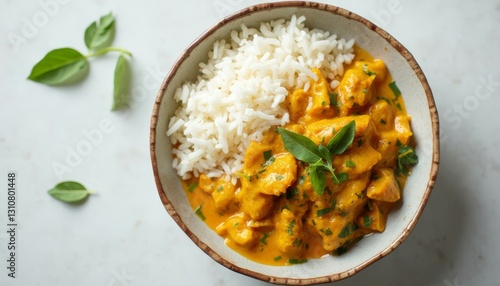 Delicious homemade chicken curry and rice dish seasoned with fresh basil