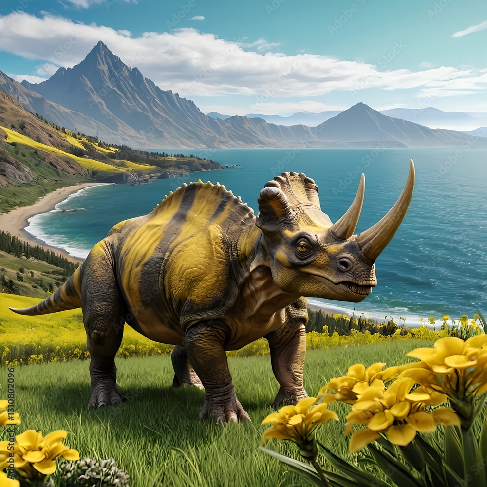 Fototapeta premium Prehistoric Beast in a Yellow Flower Field by the Ocean