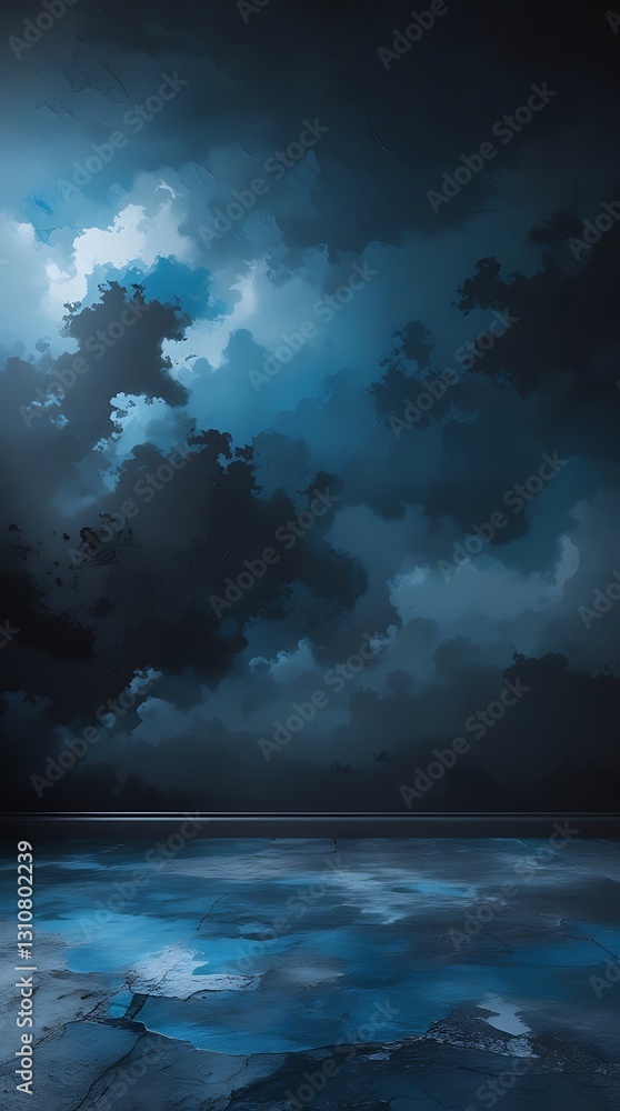 Obraz premium Dark atmospheric scene with a moody blue cloudy sky and textured stone floor, creating a dramatic and mysterious ambiance perfect for backgrounds, fantasy settings, or conceptual art