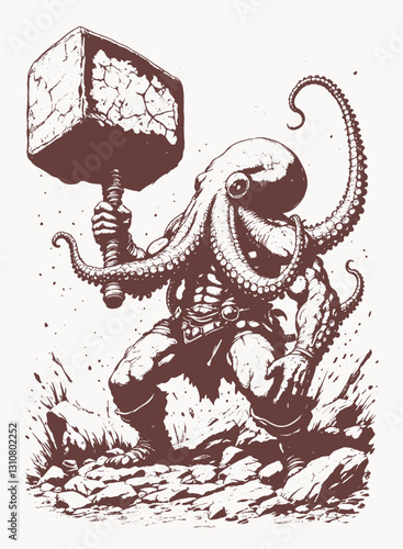 detailed character design hand drawn vector illustration of man with octopus head hold hammer