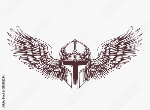 Spartan helmet with swords and wings on a white background.