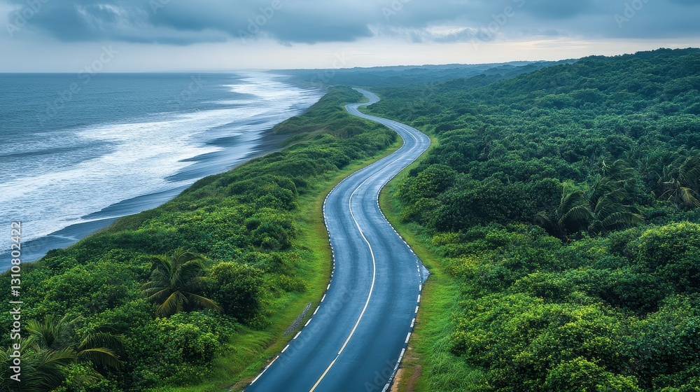 Coastal road winding through lush green foliage beside a dramatic ocean. Perfect for travel, adventure, and nature themes, evokes a sense of journey and freedom. Coastal road winding through lush green foliage beside a dramatic ocean. Perfect for travel, adventure, and nature themes, evokes a sense of journey and freedom.