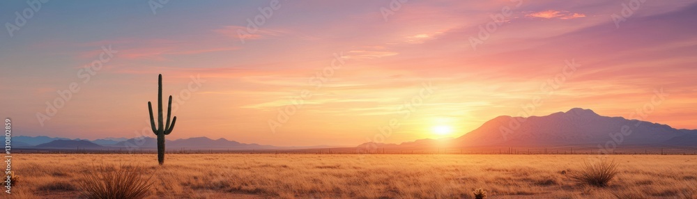 Fototapeta premium dramatic sunset over desert landscape with lone cactus and fiery red and orange hues