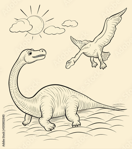 Sketch of Sauropod and Pterosaur Under Sun